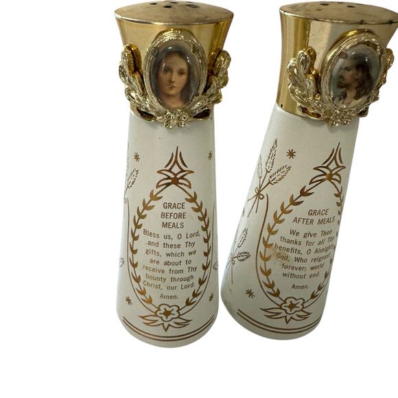 Vintage Religious White Gold Salt and Pepper Shakers Jesus Mary Grace - Picture 2 of 6